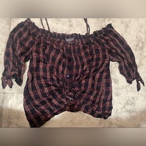 BECOOL Woman’s Red Flannel Button Down Crop Top sz L